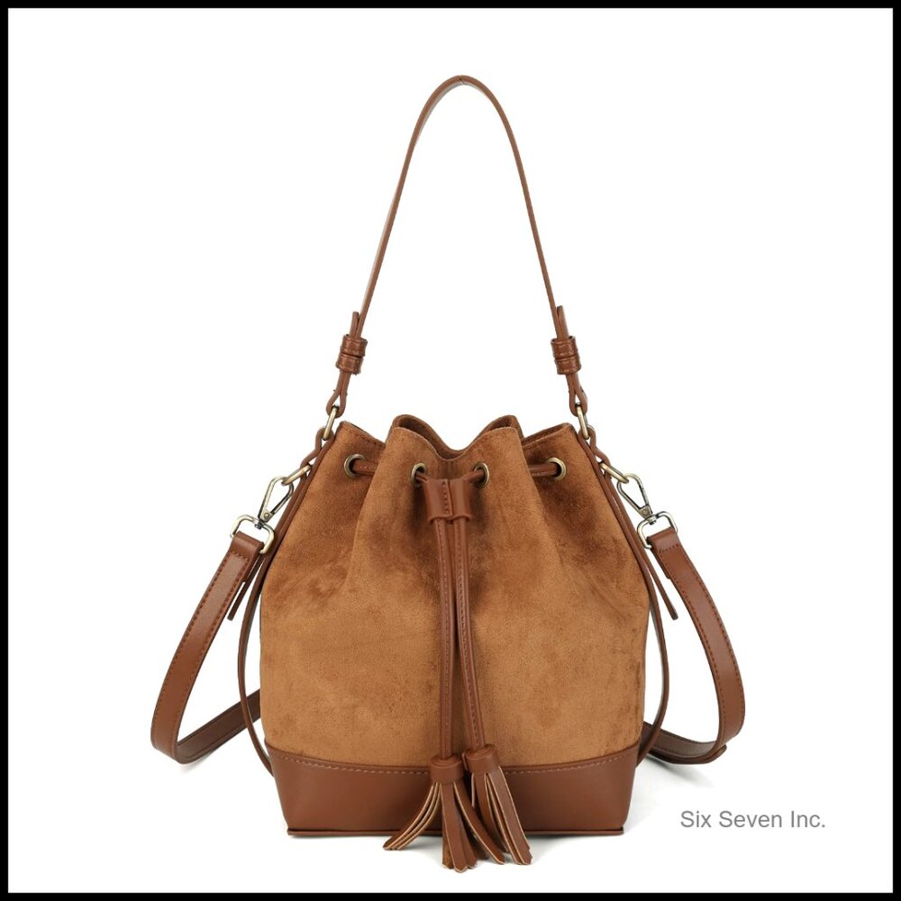 Faux Suede Bucket Bag Boho Drawstring Crossbody Tote With Removable Straps
